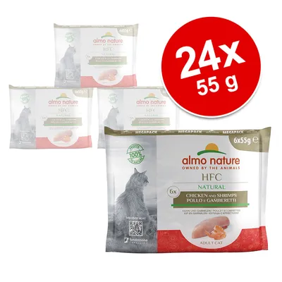 almo nature HFC Natural kip en garnalen adult cat, multipack 24x55g. Verpakking toont afbeelding van kat en productnaam. Tekst: Profits 100% for animals.