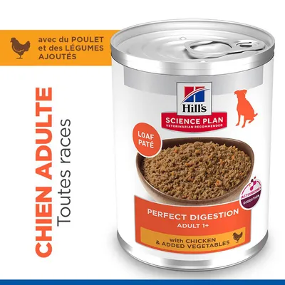 Hill's Science Plan Perfect Digestion Adulte 1+ au poulet et légumes ajoutés, mousse pâté, pour chiens adultes de toutes races.