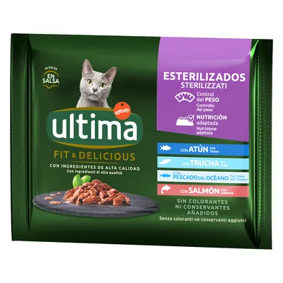 ultíma Fit & Delicious kattemad, sterilized, med tun, ørred, havfisk og laks. Kontrol del peso, nutrición adaptada. Uden tilsatte farvestoffer eller konserveringsmidler.