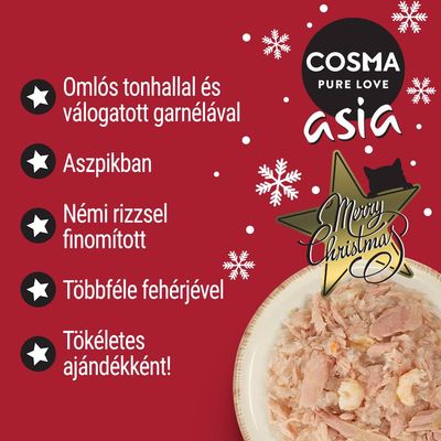 COSMA PURE LOVE asia. Omlós tonhallal és válogatott garnélával, aszpikban, némi rizzsel finomított, többféle fehérjével. Tökéletes ajándékként! Merry Christmas felirat.