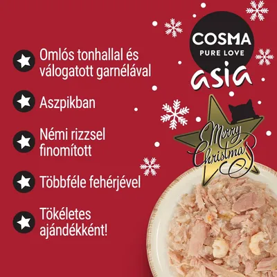 COSMA PURE LOVE asia. Omlós tonhallal és válogatott garnélával, aszpikban, némi rizzsel finomított, többféle fehérjével. Tökéletes ajándékként! Merry Christmas felirat.