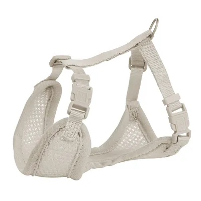 Beige harness made of breathable mesh material with adjustable straps and click fasteners, includes metal ring for attaching a lead.