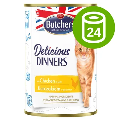Butcher's Delicious Dinners z kurczakiem w galarecie, naturalne składniki, 24 puszki. Na opakowaniu widoczny kot i brytyjska flaga.