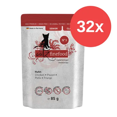 Catz Finefood No. 3 pollo, 85g, 32x paquete. Hecho en Alemania, senior, sin cereales, sin azúcar añadido, sin pruebas en animales, 91% carne, naturalmente bueno.