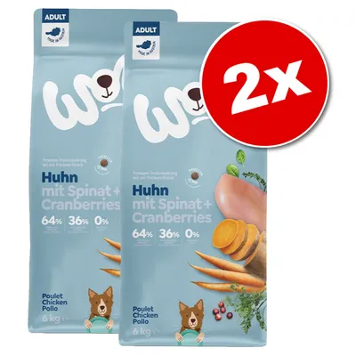Lot de 2 sacs de croquettes pour chien adulte, marque WOOF, Poulet avec épinards et cranberries, 6 kg chacun. Texte visible : 64 % viande, 36 % légumes, 0 % céréales. Lot de 2 sacs de croquettes pour chien adulte, marque WOOF, Poulet avec épinards et cranberries, 6 kg chacun. Texte visible : 64 % viande, 36 % légumes, 0 % céréales.