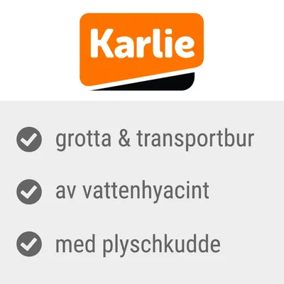 Karlie. grotta & transportbur, av vattenhyacint, med plyschkudde