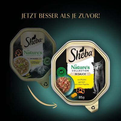 Sheba Nature's Collection in Sauce, mit Huhn garniert mit roter Paprika, 85g. Text: Jetzt besser als je zuvor!