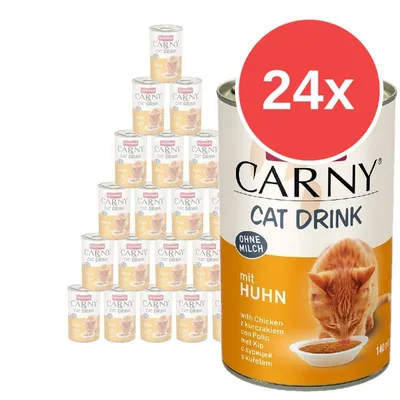 24× Carny Cat Drink ohne Milch mit Huhn, 140 ml. Na obrázku je kočka pijící z misky a text s příchutí kuřete v několika jazycích.