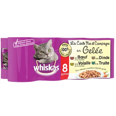 Whiskas La Carte Mer et Campagne in gelatina, 8 lattine. Varietà: manzo, tacchino, pollame, trota. 100% completo ed equilibrato, senza coloranti o conservanti artificiali.