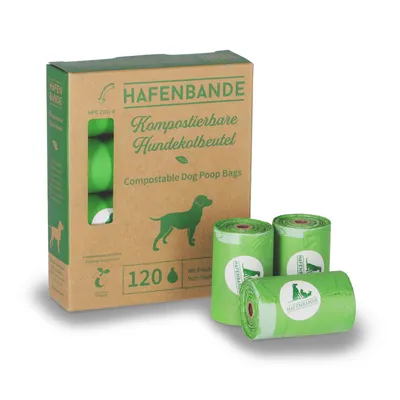 Sachets à déjections canines compostables Hafenbande, boîte de 120 sacs verts, texte en allemand et anglais, trois rouleaux visibles avec logo Hafenbande.