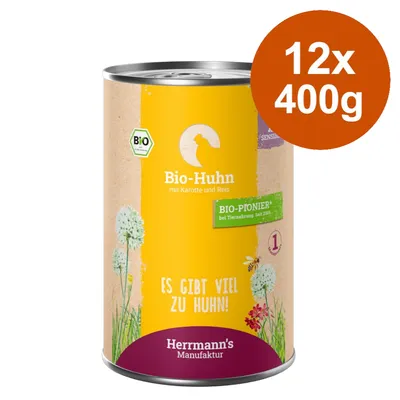 Herrmann's Bio-Huhn cu morcov și orez, 12x400g. Pionier bio în hrana pentru animale din 2006. Produs bio certificat.