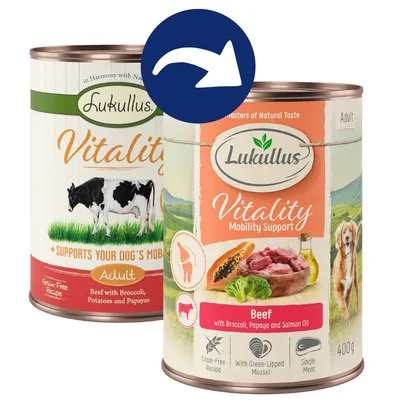 Lukullus Vitality Mobility Support Adult, Rind mit Brokkoli, Papaya und Lachsöl, getreidefreie Rezeptur, grünlippige Muschel, Single Meat, 400g. Lukullus Vitality Mobility Support Adult, Rind mit Brokkoli, Papaya und Lachsöl, getreidefreie Rezeptur, grünlippige Muschel, Single Meat, 400g.