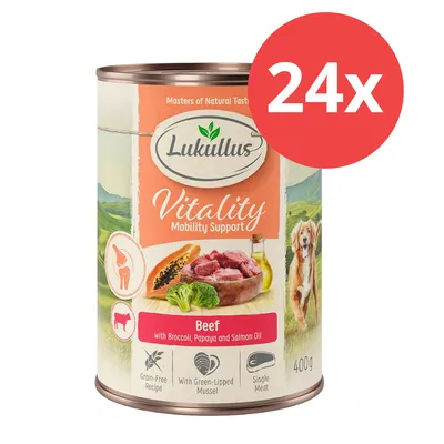 Lukullus Vitality Mobility Support, Rind mit Brokkoli, Papaya und Lachsöl. Getreidefrei, Grünlippmuschel, Single Meat. Packungsgröße: 400g, 24x Dosen.