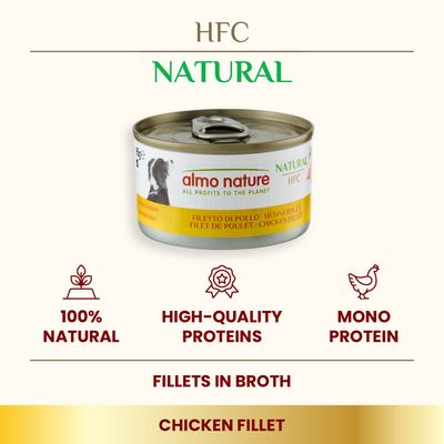 almo nature HFC Natural Chicken Fillet, 100% natural, high-quality proteins, mono protein, fillets in broth. Text: all profits to the planet, filetto di pollo, chicken fillet.