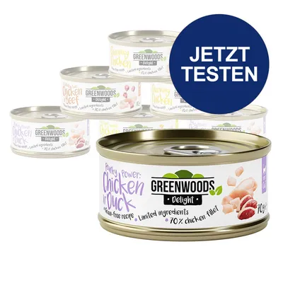 Greenwoods Delight Nassfutter für Katzen, Sorte Chicken in Duck, getreidefreie Rezeptur, 70% Hühnerfilet, Limited Ingredients. Jetzt testen. Greenwoods Delight Nassfutter für Katzen, Sorte Chicken in Duck, getreidefreie Rezeptur, 70% Hühnerfilet, Limited Ingredients. Jetzt testen.