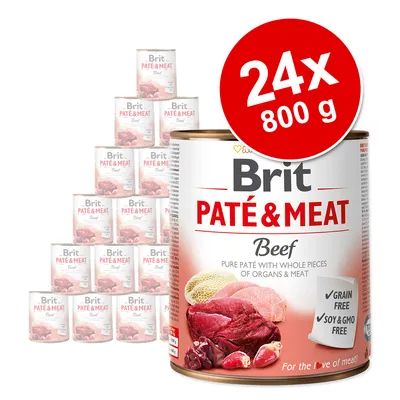 Brit Paté & Meat Beef, 24 x 800g tins. Label shows 'Pure paté with whole pieces of organs & meat', 'Grain free', 'Soy & GMO free'. Large red circle with 24x 800g text.