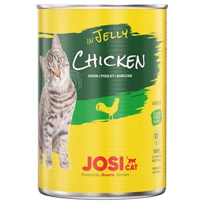 Konzerva JosiCat in Jelly Chicken, Huhn Poulet Kurczak, pro dospělé kočky, Grain Free Recipe, 100% Climate Neutral, Made in Germany. Obrázek kočky a kohouta na obalu.