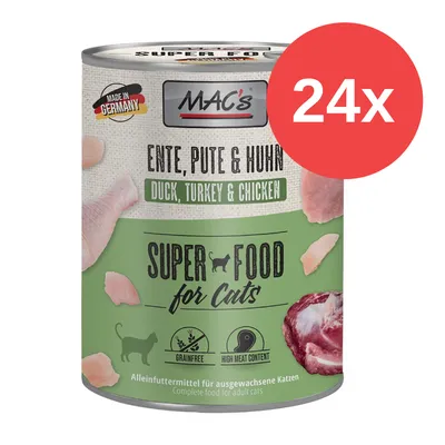 MAC's Super Food for Cats, Ente, Pute & Huhn, Made in Germany, getreidefrei, hoher Fleischanteil, Alleinfuttermittel für ausgewachsene Katzen, Packung mit 24 Dosen.