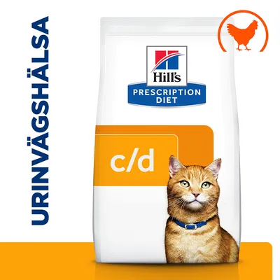 Hill's Prescription Diet c/d kattfoder, texten URINVÄGSHÄLSA till vänster och en orange kycklingsymbol uppe till höger synliga på förpackningen. Hill's Prescription Diet c/d kattfoder, texten URINVÄGSHÄLSA till vänster och en orange kycklingsymbol uppe till höger synliga på förpackningen.