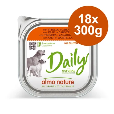 Almo Nature Daily με μοσχάρι και καρότα, χωρίς γλουτένη, φυσικά συστατικά. Μέγεθος συσκευασίας: 18x300g. Ορατό λογότυπο Fondazione Capellino.