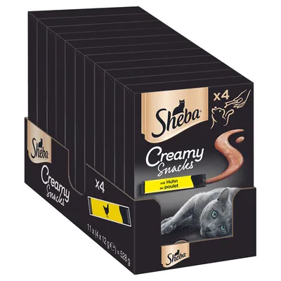 Sheba Creamy Snacks mit Huhn, 11 Packungen à 4 x 12 g, Gesamtgewicht 528 g. Abbildung einer grauen Katze und eines Snackbeutels.