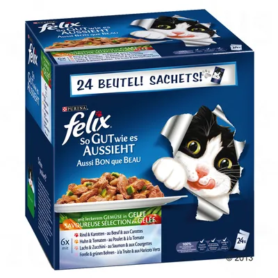 Embalagem de comida húmida para gatos Purina Felix So Gut wie es aussieht, 24 saquetas. Variedades: vaca e cenoura, frango e tomate, salmão e curgete, truta e feijão verde.