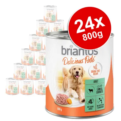 briantos Delicious Paté Grain-Free Recipe, Adult, with Lamb & Carrots, 24x800g cans, no sugar added, no artificial flavourings, visible dog image on packaging briantos Delicious Paté Grain-Free Recipe, Adult, with Lamb & Carrots, 24x800g cans, no sugar added, no artificial flavourings, visible dog image on packaging