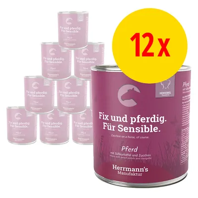 Lot de 12 boîtes Herrmann's Manufaktur, texte visible en allemand : Fix und pferdig. Für Sensible. Pferd mit Süßkartoffel und Zucchini. Sensibel Sensitive.