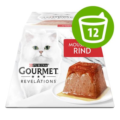 Gourmet Revelations Mousse 12 x 57 g Alimento umido per gatti Mix: Manzo, Pollo, Tonno