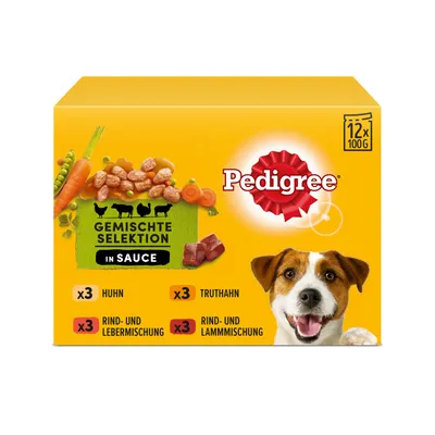 Emballage Pedigree Gemischte Selektion in Sauce, 12 x 100 g. Variétés : 3x Huhn, 3x Truthahn, 3x Rind- und Lebermischung, 3x Rind- und Lammmsichung. Texte en allemand.