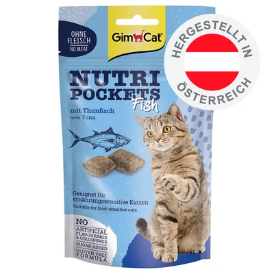 GimCat Nutri Pockets Fish mit Thunfisch, ohne Fleisch, geeignet für ernährungssensitive Katzen, hergestellt in Österreich, glutenfreie Rezeptur, keine künstlichen Zusätze.