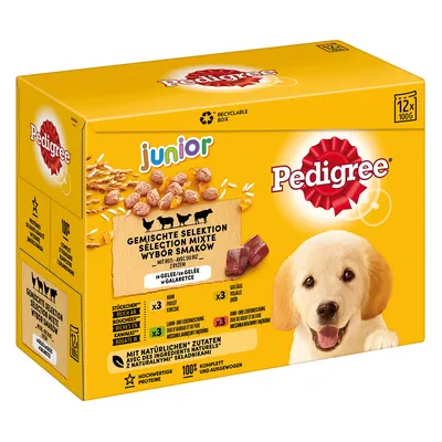 Pedigree Junior Blandat urval i gelé, 12x100g. Med naturliga ingredienser, högkvalitativa proteiner, komplett och balanserad. Återvinningsbar förpackning.