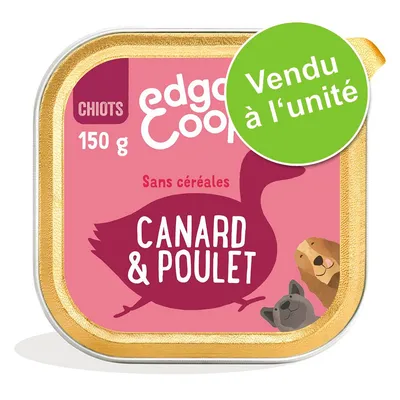 edgard & cooper chiots 150 g, sans céréales, canard & poulet, vendu à l’unité, texte visible sur l’emballage rose avec illustrations de chiens edgard & cooper chiots 150 g, sans céréales, canard & poulet, vendu à l’unité, texte visible sur l’emballage rose avec illustrations de chiens