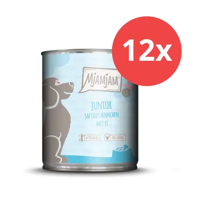 Mjamjam Junior saftiges Hühnchen mit Ei, getreidefrei, viel Fleisch. Abbildung einer Dose mit rotem Kreis und der Zahl 12x.