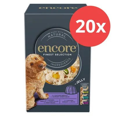 Encore Finest Selection, Made with Natural Ingredients. 20x Portions: Hähnchenbrust mit Gemüse, Thunfischfilet & Ente in Gelee. Verpackung zeigt Hund und Produktabbildungen.