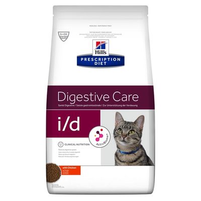 Корм для кошек Hill's Prescription Diet Digestive Care i/d с курицей, изображение упаковки с фотографией кошки и логотипом ActivBiome+.
