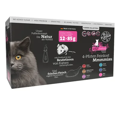 Catz finefood 4-Pfoten Feinkost Mmmmiau. 12x85g, izdelano v Nemčiji, brez sladkorja, brez žit, brez testiranja na živalih. Veliko svežega mesa, navdihnjeno z mačjimi plenilci.
