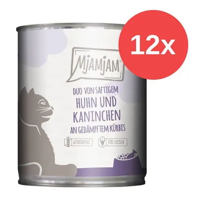 MjAMjAM Duo von saftigem Huhn und Kaninchen an gedämpftem Kürbis, getreidefrei, viel Fleisch. Packung mit 12 Dosen.