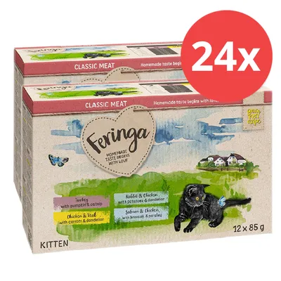 Feringa Classic Meat Kitten, 12x85g. Sorten: Truthahn mit Kürbis & Katzenminze, Kaninchen & Huhn mit Kartoffeln & Löwenzahn, Lachs & Huhn mit Brokkoli & Petersilie, Huhn & Kalb mit Karotten & Löwenzahn.