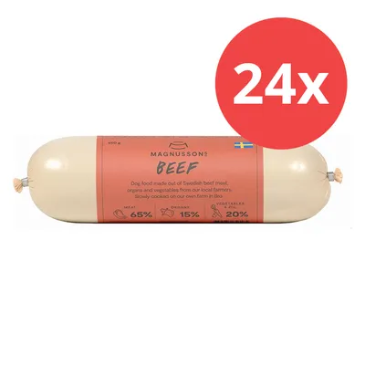 Magnussons Beef, Hundefutter aus schwedischem Rindfleisch, Innereien und Gemüse. Zusammensetzung: Fleisch 65%, Innereien 15%, Gemüse & Öle 20%. Packung mit 24 Stück à 650g.