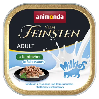 animonda Vom Feinsten ADULT mit Kaninchen in Sahnesauce, Milkies, plat de morceaux en sauce crème, texte multilingue visible sur l’emballage