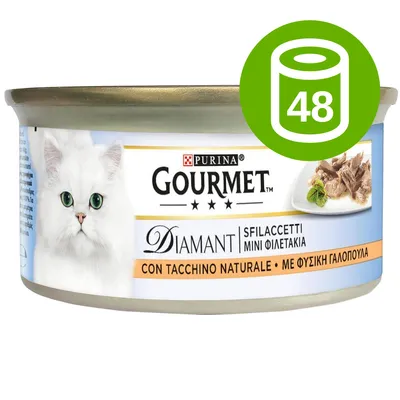 Purina Gourmet Diamant Sfilaccetti Mini Filetaki, con tacchino naturale. Opakowanie zbiorcze: 48 puszek. Na etykiecie zdjęcie białego kota i kawałków mięsa.