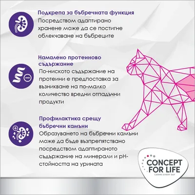 CONCEPT FOR LIFE. Подпомага бъбречната функция, намалено съдържание на протеини, превенция на бъбречни камъни чрез адаптирани минерали и pH-стойност.