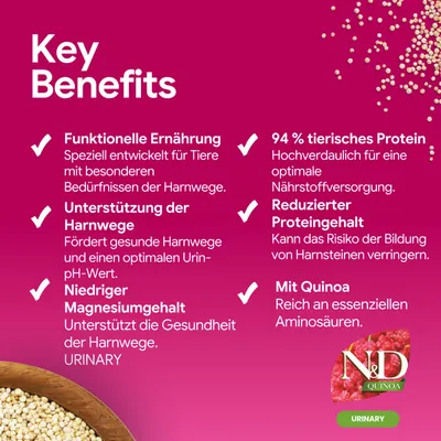 Funktionelle Ernährung für Harnwege, niedriger Magnesiumgehalt, 94 % tierisches Protein, reduzierter Proteingehalt, mit Quinoa. N&D Quinoa Urinary. Funktionelle Ernährung für Harnwege, niedriger Magnesiumgehalt, 94 % tierisches Protein, reduzierter Proteingehalt, mit Quinoa. N&D Quinoa Urinary.