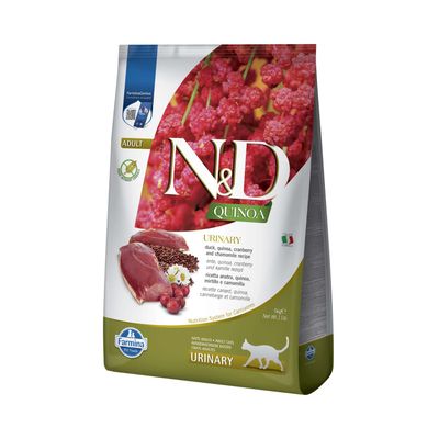 N&D Quinoa Urinary, kačacie, quinoa, brusnica a harmanček receptúra. Pre dospelé mačky. Farmina Pet Foods. Výživový systém pre mäsožravce.