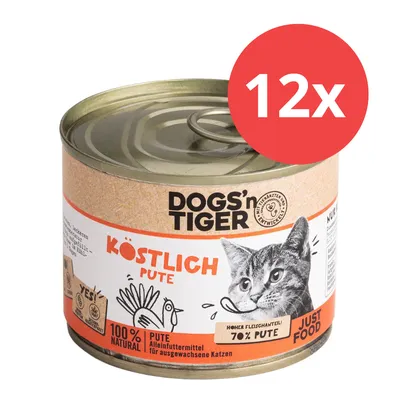 DOGS'n TIGER Délicieux dinde, aliment complet pour chats adultes, teneur élevée en viande 70% dinde, 100% naturel. Pack de 12 boîtes.