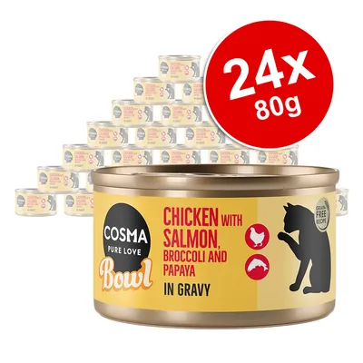 COSMA Pure Love Bowl Chicken with Salmon, Broccoli and Papaya in Gravy, grain free recipe. 24 x 80g tins shown.