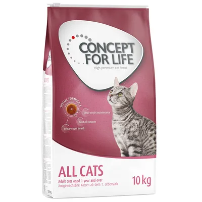Sac de croquettes Concept for Life All Cats 10 kg, pour chats adultes dès 1 an. Texte visible : idéal maintien du poids, fonction boules de poils, santé urinaire. Chat gris illustré.