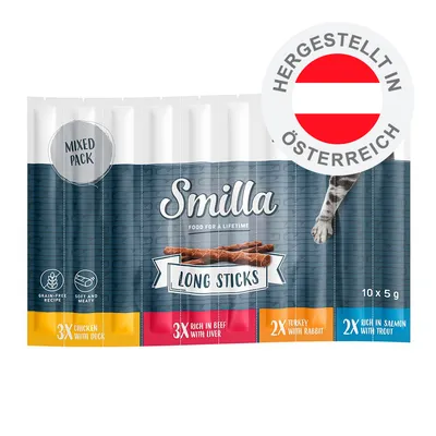 Smilla Long Sticks Mixed Pack: 3x Chicken with Duck, 3x Rich in Beef with Liver, 2x Turkey with Rabbit, 2x Rich in Salmon with Trout. Hergestellt in Österreich.