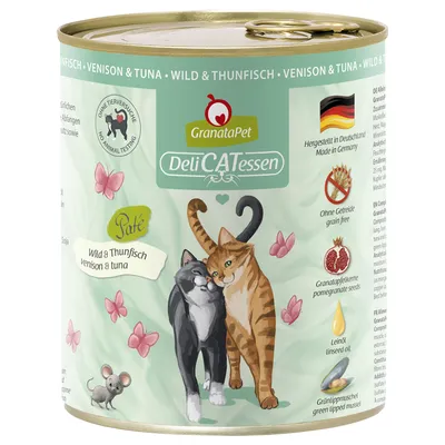 GranataPet DeliCATessen Paté cervo e tonno. Prodotto in Germania, senza test sugli animali, senza cereali, con semi di melograno, olio di lino e cozza verde.